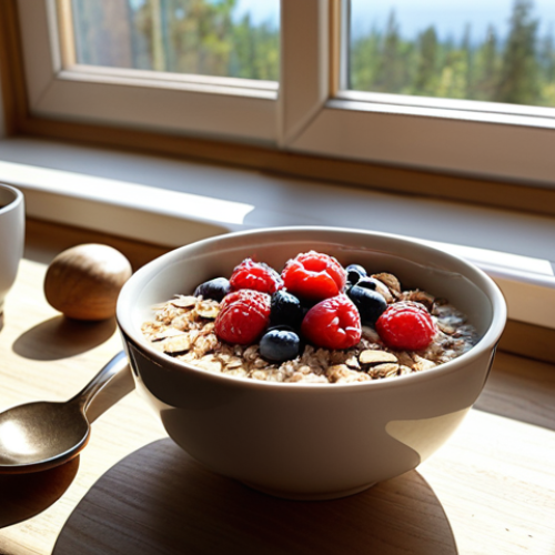**

Prompt: *Cozy breakfast scene with oatmeal topped with berries and nuts, sunlight streaming through the window, a cup of coffee, representing a healthy and tryptophan-rich start to the day in a Swedish home.*

**