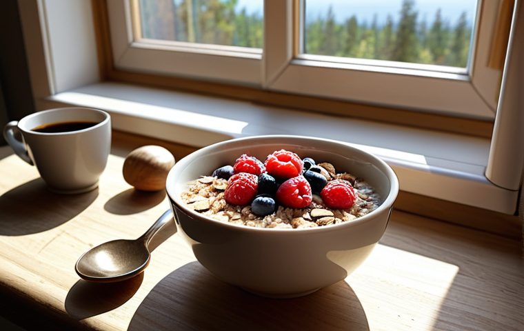 **

Prompt: *Cozy breakfast scene with oatmeal topped with berries and nuts, sunlight streaming through the window, a cup of coffee, representing a healthy and tryptophan-rich start to the day in a Swedish home.*

**