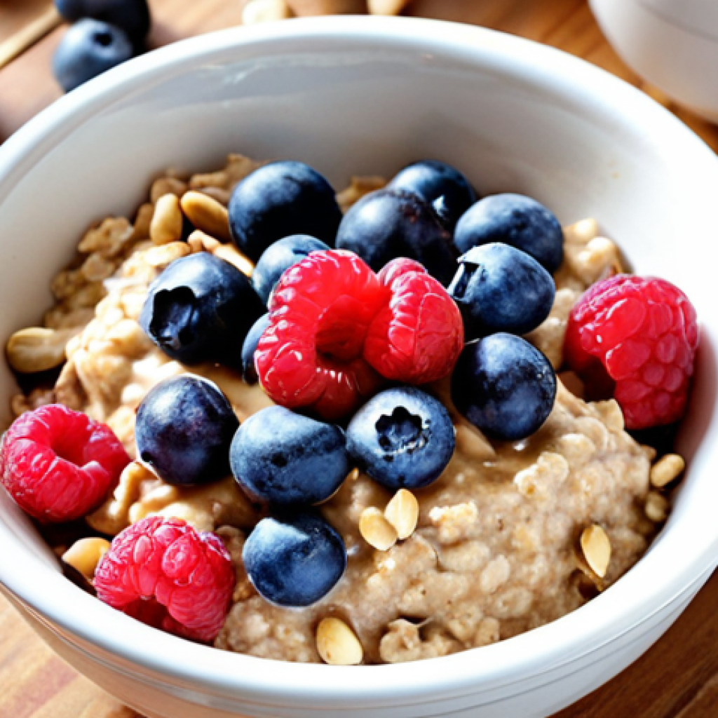 **

Prompt: "A vibrant breakfast scene: oatmeal with mixed berries (blueberries, raspberries), chopped nuts, and a dollop of peanut butter. Morning light, cozy kitchen setting, focus on the healthy and delicious food."

**