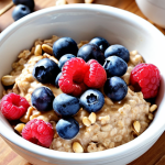 **

Prompt: "A vibrant breakfast scene: oatmeal with mixed berries (blueberries, raspberries), chopped nuts, and a dollop of peanut butter. Morning light, cozy kitchen setting, focus on the healthy and delicious food."

**
