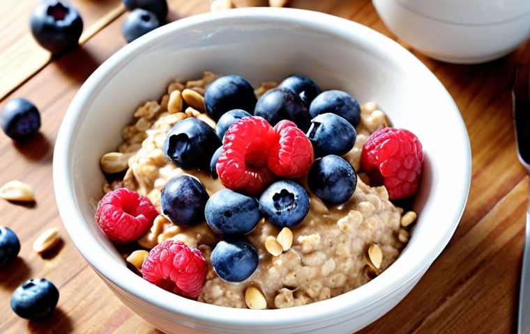 **

Prompt: "A vibrant breakfast scene: oatmeal with mixed berries (blueberries, raspberries), chopped nuts, and a dollop of peanut butter. Morning light, cozy kitchen setting, focus on the healthy and delicious food."

**